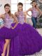 New Style Purple Three Pieces Halter Top Sleeveless Tulle Floor Length Lace Up Beading and Ruffles Sweet 16 Dress