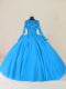 Blue Ball Gowns Lace and Appliques Sweet 16 Dress Zipper Tulle Long Sleeves Floor Length