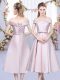 Baby Pink A-line Off The Shoulder Sleeveless Satin Tea Length Lace Up Bowknot Court Dresses for Sweet 16