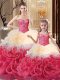 New Arrival Sleeveless Fabric With Rolling Flowers Floor Length Lace Up Quinceanera Dresses in Multi-color with Beading and Ruffles