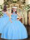 Customized Tulle Halter Top Sleeveless Lace Up Appliques Pageant Dress for Teens in Baby Blue