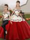 Trendy White And Red Organza Lace Up Ball Gown Prom Dress Sleeveless Floor Length Embroidery