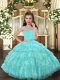 Aqua Blue Sleeveless Floor Length Ruffled Layers Lace Up Kids Pageant Dress