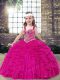 High Quality Fuchsia Ball Gowns Straps Sleeveless Tulle Floor Length Lace Up Beading High School Pageant Dress