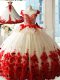 Attractive Hand Made Flower Sweet 16 Dress White And Red Zipper Sleeveless Brush Train