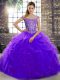 Customized Purple Ball Gowns Off The Shoulder Sleeveless Tulle Brush Train Lace Up Beading and Ruffles Quince Ball Gowns