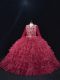 Customized Burgundy Ball Gowns Organza V-neck Long Sleeves Ruffled Layers Floor Length Lace Up Vestidos de Quinceanera