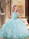 Wonderful Light Blue Ball Gowns High-neck Sleeveless Tulle Brush Train Lace Up Beading and Ruffles Kids Formal Wear