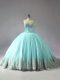 Stunning Sweetheart Sleeveless Quince Ball Gowns Court Train Appliques Blue Tulle