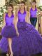 Three Pieces Sweet 16 Dresses Purple Halter Top Organza Sleeveless Floor Length Lace Up