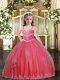 Floor Length Watermelon Red Pageant Dress for Womens Tulle Sleeveless Beading and Appliques