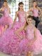 Glittering Floor Length Rose Pink Sweet 16 Quinceanera Dress Scoop Sleeveless Lace Up