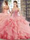 Custom Designed Lace Up Vestidos de Quinceanera Watermelon Red for Military Ball and Sweet 16 and Quinceanera with Beading and Ruffles Brush Train