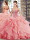 Custom Designed Lace Up Vestidos de Quinceanera Watermelon Red for Military Ball and Sweet 16 and Quinceanera with Beading and Ruffles Brush Train
