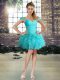 Aqua Blue Sleeveless Beading and Ruffles Mini Length Prom Gown