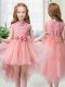 Glittering Peach Cap Sleeves High Low Lace and Hand Made Flower Zipper Toddler Flower Girl Dress