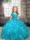 On Sale Aqua Blue Ball Gowns Organza Straps Sleeveless Beading Floor Length Lace Up Kids Pageant Dress