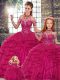 Comfortable Fuchsia Tulle Lace Up Quinceanera Dress Sleeveless Floor Length Beading and Ruffles