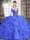 Vintage Off The Shoulder Sleeveless Sweet 16 Dresses Floor Length Beading and Ruffles Blue Tulle