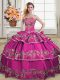 Fuchsia Lace Up Quinceanera Dress Embroidery and Ruffled Layers Sleeveless Floor Length