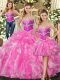 Graceful Rose Pink Ball Gowns Sweetheart Sleeveless Organza Floor Length Lace Up Beading and Ruffles 15th Birthday Dress