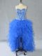 Delicate High Low Blue Dress for Prom Organza Sleeveless Beading and Ruffles