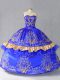 Graceful Royal Blue Satin and Organza Lace Up Sweetheart Sleeveless Floor Length Sweet 16 Quinceanera Dress Embroidery and Bowknot