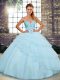 Light Blue Sleeveless Brush Train Beading and Ruffled Layers Ball Gown Prom Dress