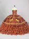 Brown Satin and Organza Lace Up Sweetheart Sleeveless 15th Birthday Dress Brush Train Embroidery and Ruffled Layers