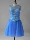 Sleeveless Tulle Mini Length Lace Up Party Dresses in Blue with Beading and Sequins