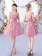 Beautiful Pink Scoop Neckline Appliques and Belt Dama Dress for Quinceanera Sleeveless Lace Up
