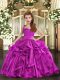 Fuchsia Organza Lace Up Straps Sleeveless Floor Length Pageant Gowns For Girls Ruffles