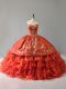 Orange Red Quince Ball Gowns Sweet 16 and Quinceanera with Embroidery and Ruffles Sweetheart Sleeveless Lace Up