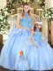 Artistic Floor Length Lace Up Sweet 16 Dress Blue for Military Ball and Sweet 16 and Quinceanera with Embroidery