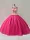 Scoop Sleeveless Sweet 16 Dresses Floor Length Appliques Hot Pink Tulle