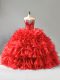 Lovely Red Sleeveless Floor Length Beading and Ruffles and Sequins Lace Up Ball Gown Prom Dress
