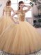 Glittering Gold Sleeveless Tulle Lace Up Quinceanera Dress for Military Ball and Sweet 16 and Quinceanera
