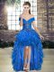 Custom Design Royal Blue A-line Organza Off The Shoulder Sleeveless Beading and Ruffles High Low Lace Up Prom Dresses