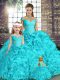 Aqua Blue Ball Gowns Organza Off The Shoulder Sleeveless Beading and Ruffles Floor Length Lace Up Quince Ball Gowns