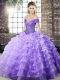 Sleeveless Organza Brush Train Lace Up 15 Quinceanera Dress in Lavender with Beading and Ruffled Layers