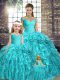 On Sale Off The Shoulder Sleeveless Ball Gown Prom Dress Brush Train Beading and Ruffles Aqua Blue Organza