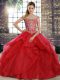 Red Lace Up Off The Shoulder Beading and Ruffles Ball Gown Prom Dress Tulle Sleeveless Brush Train