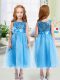 Cheap Sleeveless Tea Length Sequins and Hand Made Flower Zipper Toddler Flower Girl Dress with Baby Blue