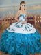 Chic Organza Sweetheart Sleeveless Lace Up Embroidery and Ruffles and Bowknot Quinceanera Gowns in Blue And White
