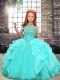 Aqua Blue Ball Gowns Beading and Ruffles Little Girl Pageant Gowns Lace Up Organza Sleeveless Floor Length