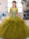 Lovely Olive Green Ball Gowns Beading and Ruffles 15 Quinceanera Dress Lace Up Tulle Sleeveless Floor Length