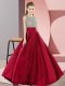 Perfect Wine Red Elastic Woven Satin Backless Scoop Sleeveless Floor Length Beading