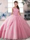 Rose Pink Sleeveless Tulle Brush Train Lace Up Ball Gown Prom Dress for Military Ball and Sweet 16 and Quinceanera