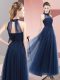 Excellent Navy Blue Sleeveless Tulle Lace Up Dama Dress for Wedding Party