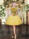 Customized Scoop Cap Sleeves Dress for Prom Mini Length Beading and Ruffles Gold Tulle